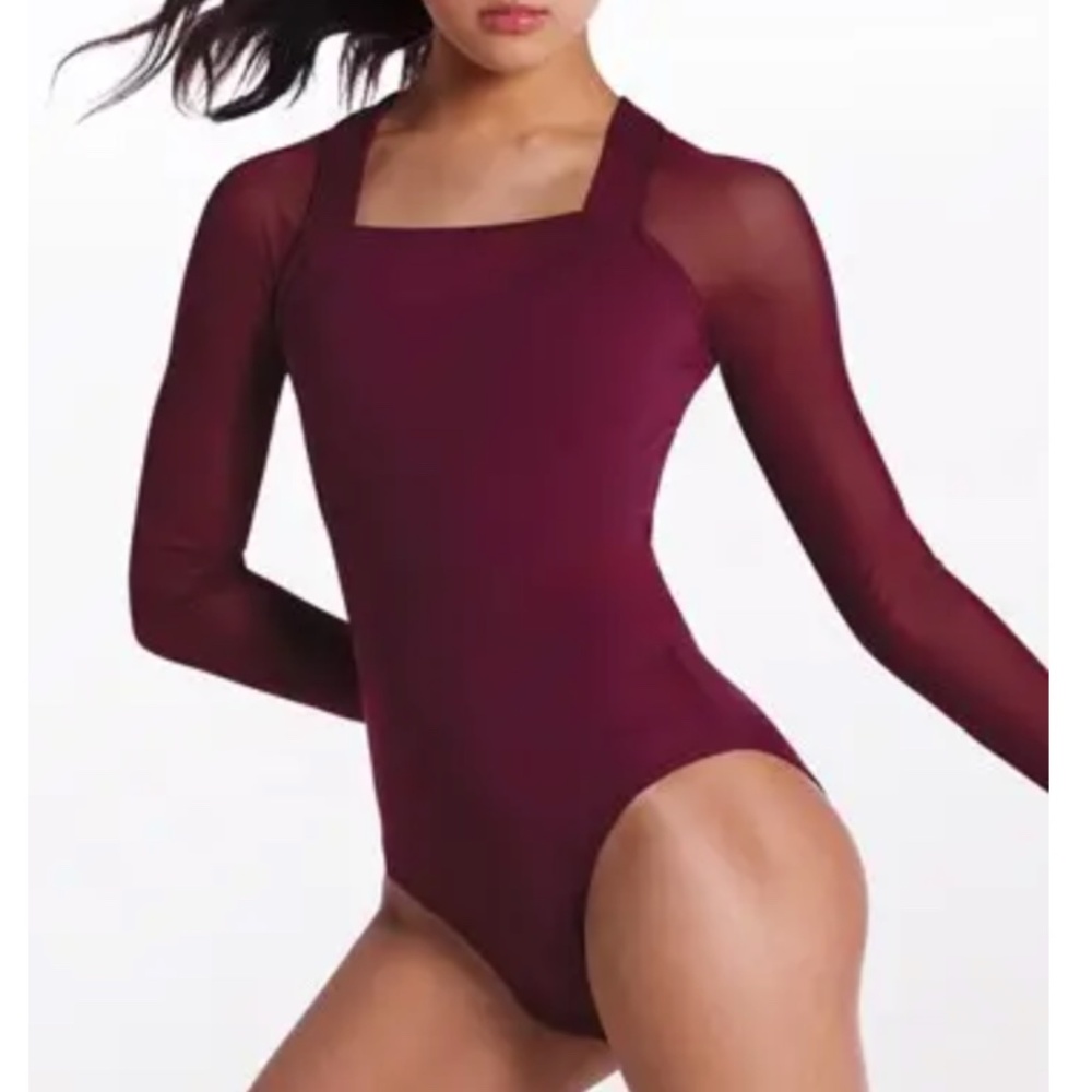 Mesh Long Sleeve Open Back Wine Red Leotard